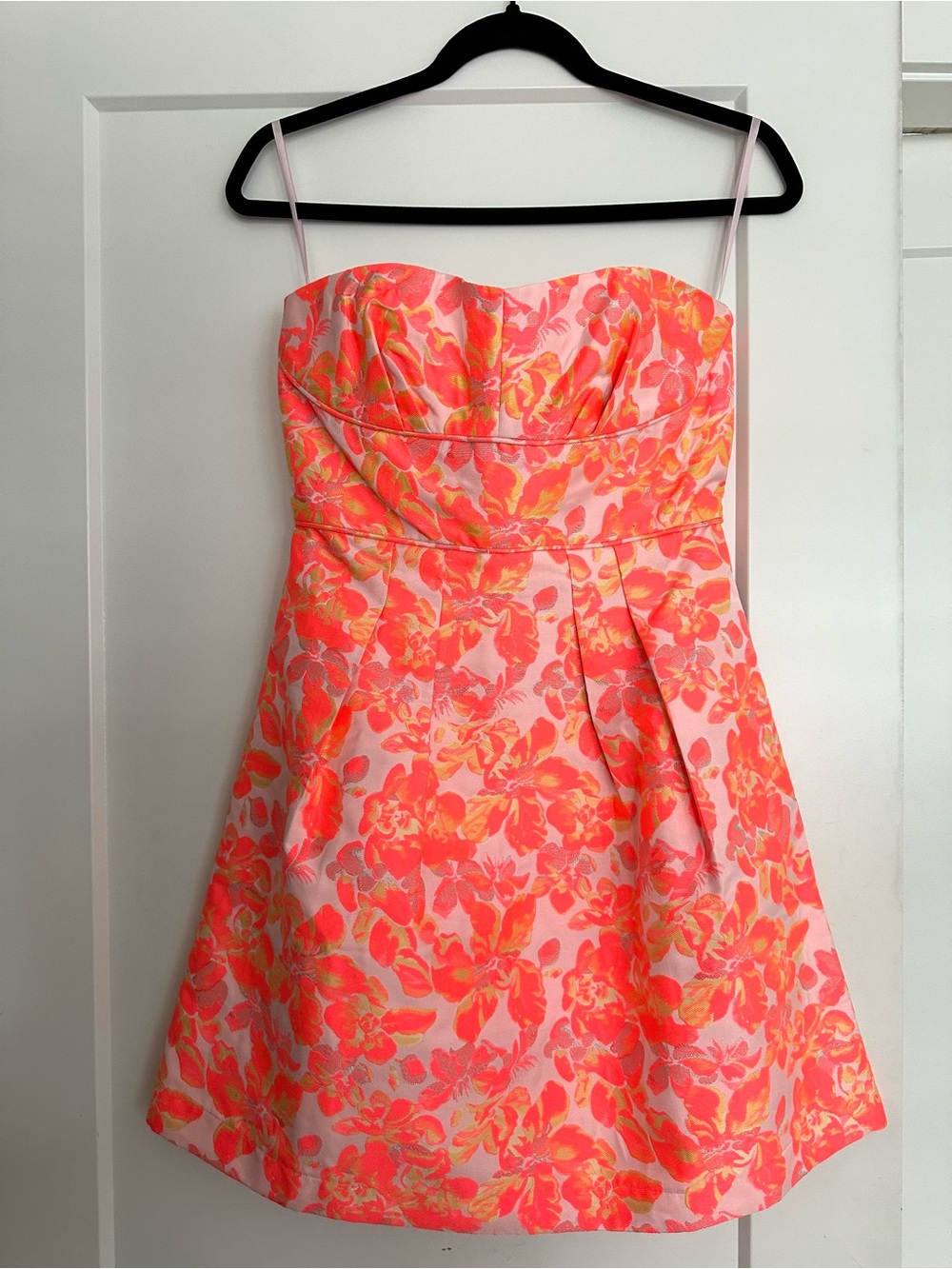 Brand New Strapless Floral Fit-and-Flare Dress in Coral Pink